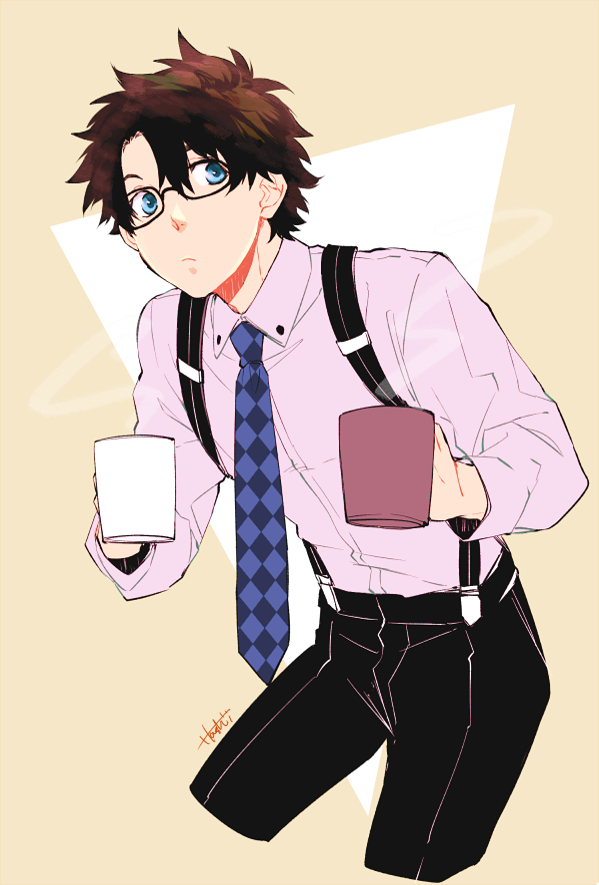 bespectacled black_hair blue_eyes closed_mouth cropped_torso cup fate/grand_order fate_(series) fujimaru_ritsuka_(male) glasses male_focus mug necktie simple_background solo steam suspenders t3run yellow_background