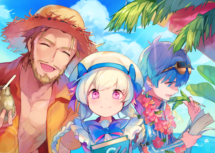 2boys alternate_costume bare_chest beard blue_eyes blue_hair book braid eyewear_on_head facial_hair fate/apocrypha fate/extra fate/extra_ccc fate/grand_order fate_(series) hans_christian_andersen_(fate) hat hawaiian_shirt lei long_hair looking_at_viewer multiple_boys nursery_rhyme_(fate/extra) open_clothes open_shirt red_hair shirt smile sunglasses twin_braids twintails upper_body william_shakespeare_(fate) writing
