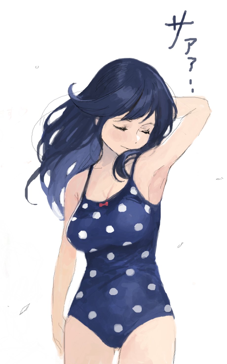 arm_up armpits black_hair blush breasts cleavage closed_eyes commentary_request cowboy_shot highres kantai_collection large_breasts one-piece_swimsuit polka_dot shinpu_(oresinpu) solo swimsuit ushio_(kantai_collection) white_background