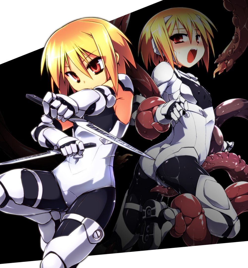 armor ass blonde_hair blush bodysuit boots brown_eyes cameltoe covered_nipples dual_wielding fighting_stance flat_chest frottage gauntlets holding holding_knife holding_weapon imminent_rape knife leg_lift leotard open_mouth original restrained short_hair slime solo standing standing_on_one_leg tentacles tomoshibi_hidekazu weapon white_leotard