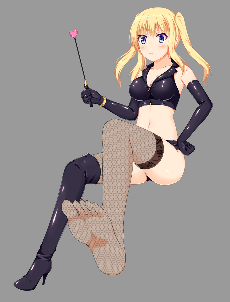 1girl blonde_hair blue_eyes blush boots cleavage elbow_gloves feet fishnets hand_on_hip long_hair pov riding_crop shoes_removed single_shoe sitting smile soles toes twintails