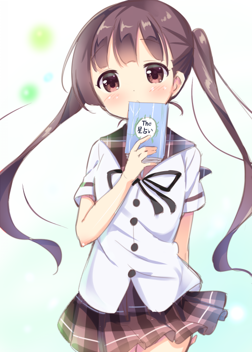 arm_behind_back bangs black_ribbon blouse blunt_bangs blush book breasts brown_eyes brown_hair brown_sailor_collar brown_skirt buttons commentary covered_mouth cowboy_shot extra eyebrows_visible_through_hair gochuumon_wa_usagi_desu_ka? gradient gradient_background holding holding_book hoto_cocoa's_school_uniform kurou_(quadruple_zero) long_hair looking_at_viewer neck_ribbon plaid plaid_sailor_collar plaid_skirt pleated_skirt ribbon sailor_collar school_uniform serafuku skirt small_breasts solo standing twintails two-tone_background very_long_hair white_blouse wind