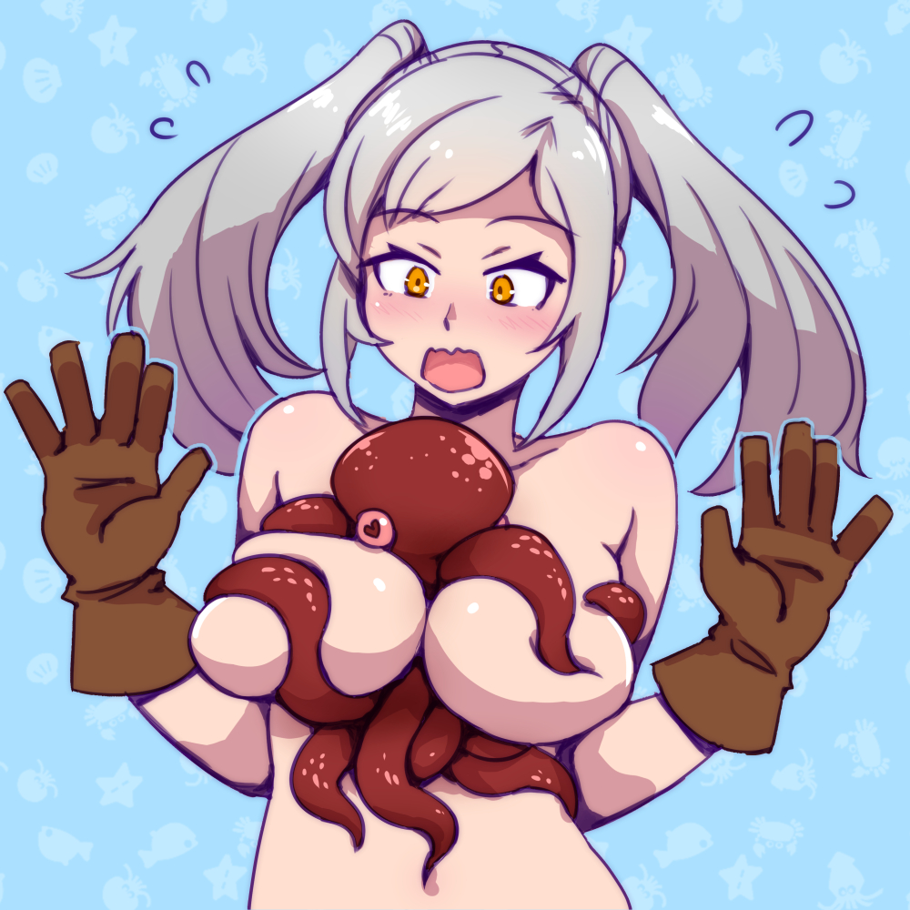 akairiot animal_between_breasts bestiality breast_grab breasts brown_gloves commentary deep_skin embarrassed female_my_unit_(fire_emblem:_kakusei) fire_emblem fire_emblem:_kakusei fire_emblem_heroes gloves grabbing heart heart-shaped_pupils medium_breasts my_unit_(fire_emblem:_kakusei) nude octopus silver_hair solo symbol-shaped_pupils tentacles twintails upper_body yellow_eyes