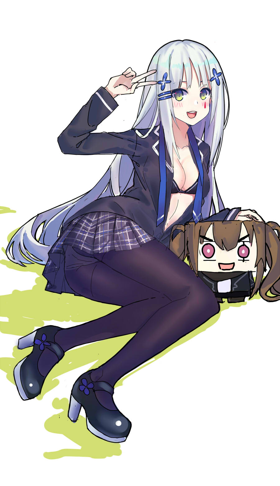 :d arm_support bangs black_footwear blazer blush breasts character_doll collarbone commentary_request echj girls_frontline green_eyes high_heels highres hk416_(girls_frontline) jacket long_hair looking_at_viewer lying mary_janes medium_breasts on_side open_blazer open_clothes open_jacket open_mouth panties panties_under_pantyhose pantyhose shoes silver_hair smile solo thighs twintails ump9_(girls_frontline) underwear v