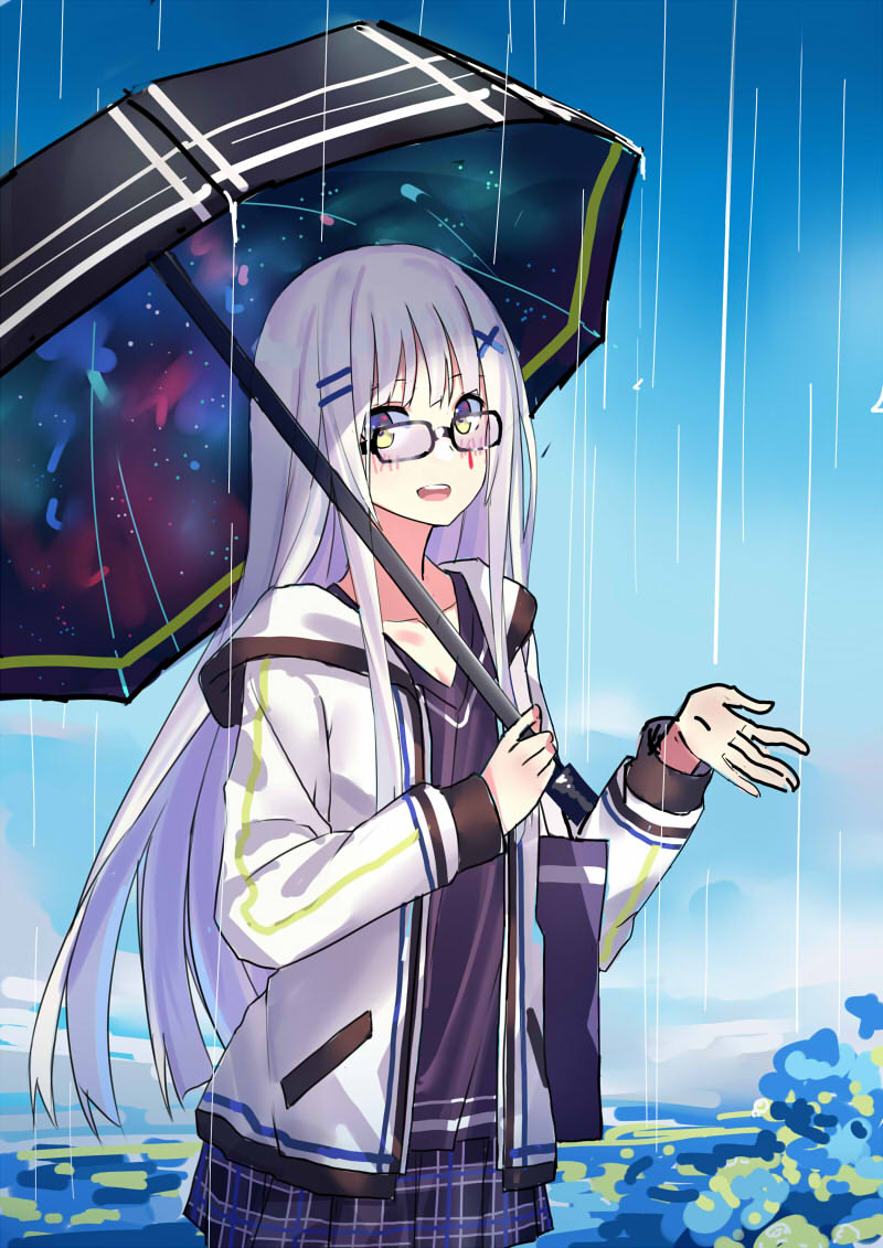 bag bangs black_skirt commentary_request day echj girls_frontline hair_ornament hairclip hands_up hk416_(girls_frontline) holding holding_umbrella hood hoodie long_hair looking_at_viewer open_clothes open_hoodie open_mouth outdoors plaid plaid_skirt pleated_skirt rain shoulder_bag skirt smile solo teardrop teeth tote_bag umbrella white_hair x_hair_ornament