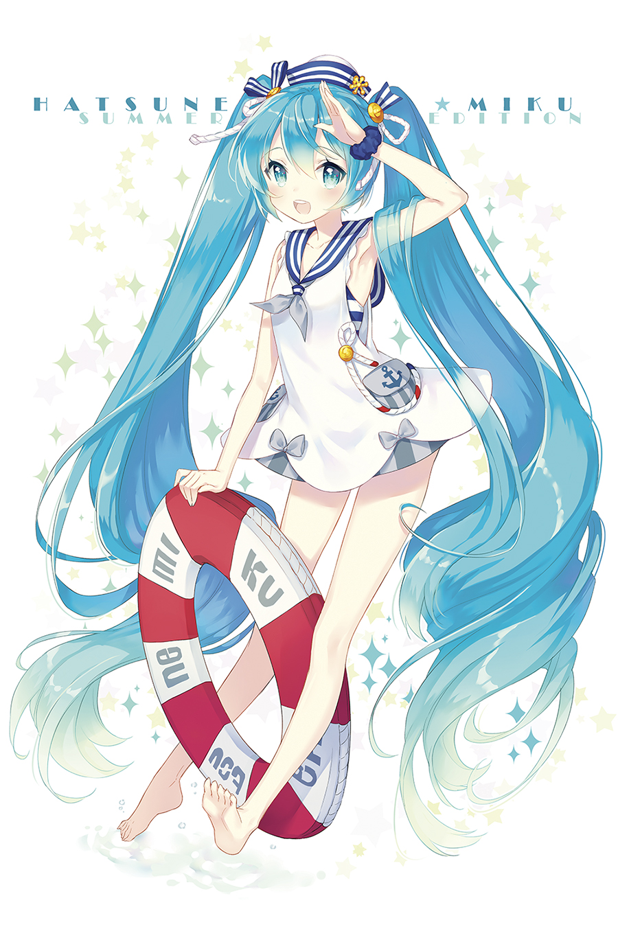 absurdly_long_hair aqua_eyes aqua_hair barefoot blush character_name dress full_body hat hatsune_miku highres innertube lifebuoy long_hair looking_at_viewer manle open_mouth sailor_dress sailor_hat salute scrunchie solo taito_four_seasons_figure_(vocaloid) twintails very_long_hair vocaloid wrist_scrunchie