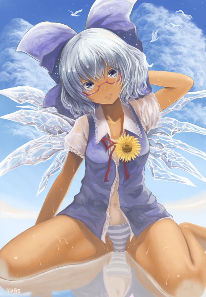 arm_at_side arm_behind_head arm_up artist_name bare_arms bare_legs barefoot bespectacled bird blue_bow blue_eyes blue_hair blue_sky bow buttons cirno closed_mouth cloud collarbone commentary_request day flower full_body glasses hair_between_eyes hair_bow head_tilt ice ice_wings looking_at_viewer navel no_pants open_clothes open_shirt open_vest outdoors panties reflection semi-rimless_eyewear shirt short_hair short_sleeves sitting sky solo spread_legs star striped striped_panties summer sunflower tan tanline tanned_cirno thighs touhou unbuttoned unbuttoned_shirt under-rim_eyewear underwear vest wariza water wet wet_clothes wet_shirt white_shirt wings yuge_(_yuge_)
