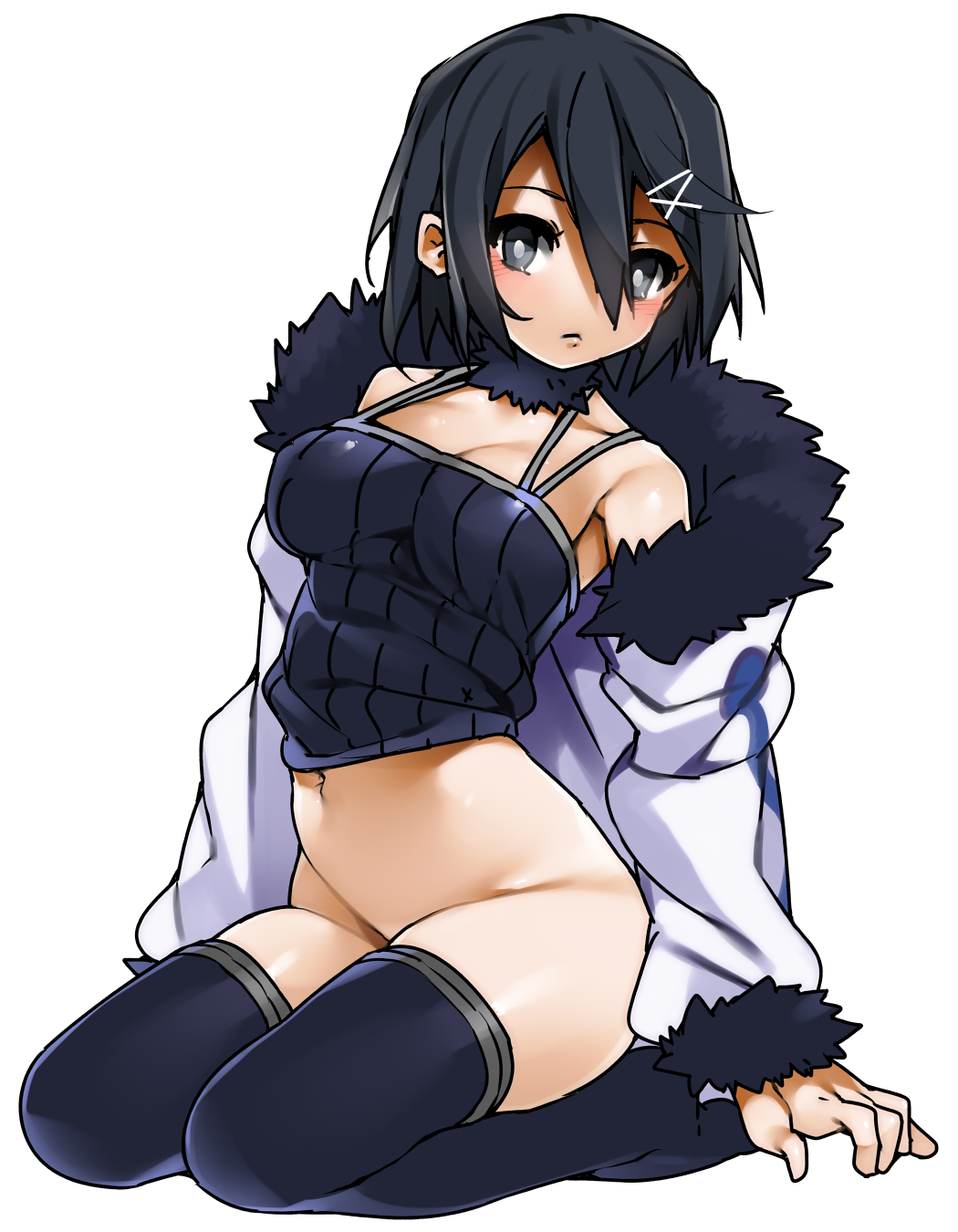 arm_support asagiri_asagi black_camisole black_eyes black_hair bottomless breasts bright_pupils camisole cleavage closed_mouth crop_top disgaea expressionless full_body fur_trim hair_between_eyes hair_ornament hairclip highres jacket kochiya_(gothope) large_breasts looking_at_viewer navel navy_blue_legwear off_shoulder seiza short_hair simple_background sitting solo white_background