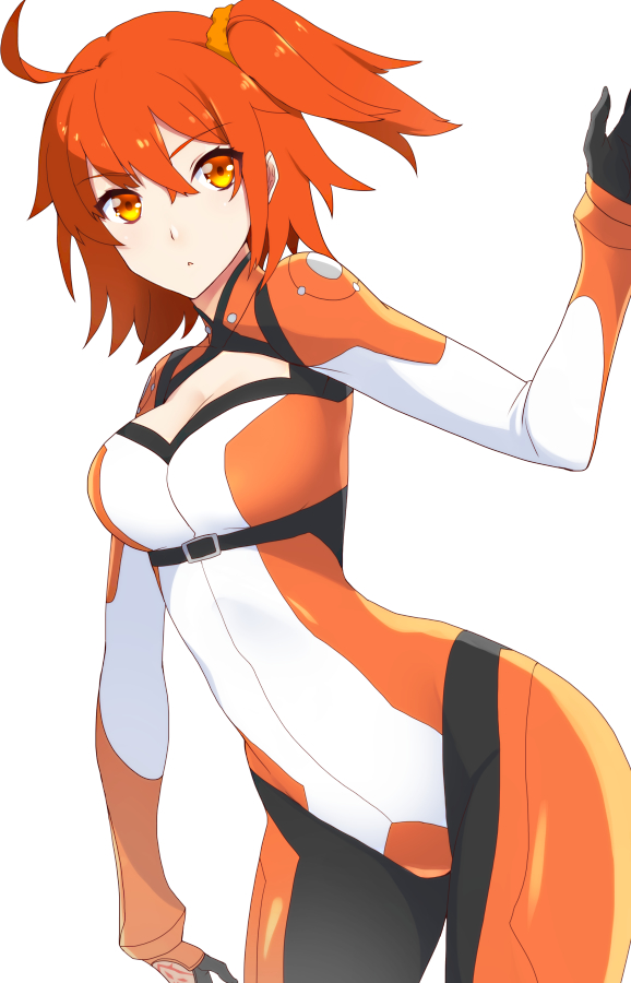 ahoge arched_back bangs belt bodysuit breasts cleavage eyebrows_visible_through_hair fate/grand_order fate_(series) fujimaru_ritsuka_(female) hair_between_eyes leaning_forward looking_at_viewer medium_breasts nagidori orange_eyes orange_hair parted_lips short_hair side_ponytail simple_background solo standing white_background