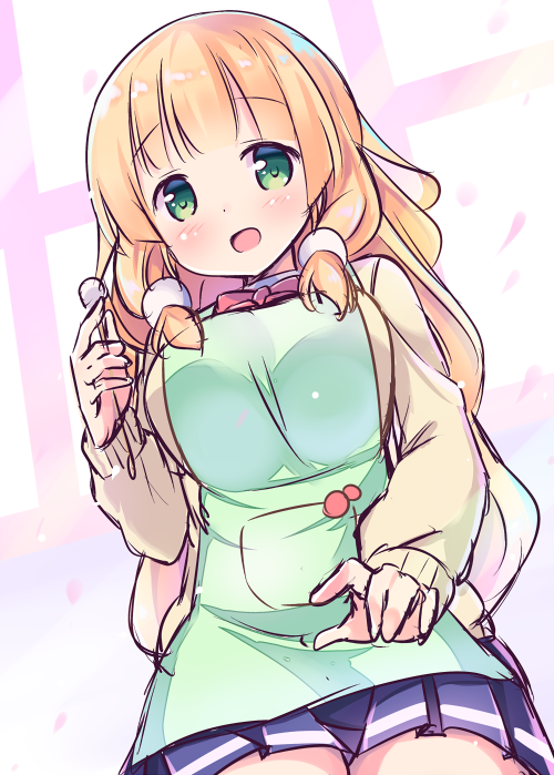 apron bad_id bad_pixiv_id bangs blonde_hair blunt_bangs blush bow bowtie breasts cardigan commentary_request cowboy_shot dutch_angle eyebrows_visible_through_hair foreshortening fukuchi_kaori green_apron green_eyes hair_ornament holding jk_shousetsuka_poi kurou_(quadruple_zero) large_breasts long_hair long_sleeves looking_at_viewer mimikaki open_mouth petals pleated_skirt pocket red_bow red_neckwear school_uniform sketch skirt smile solo standing very_long_hair