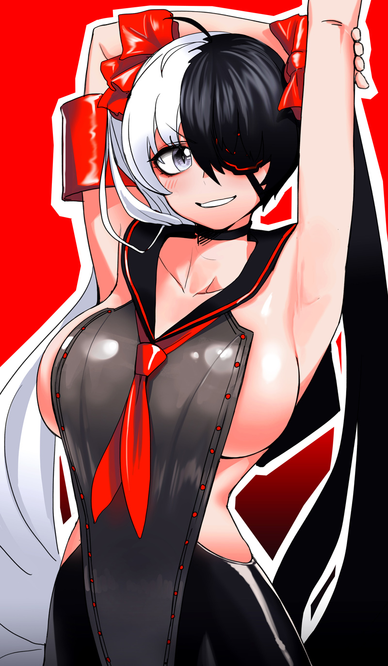:d antenna_hair arm_behind_head arm_up armband bangs black_choker black_hair blade_&amp;_soul blue_eyes bow breasts cain_(gunnermul) choker collarbone eyebrows_visible_through_hair eyelashes eyepatch grin hair_between_eyes hair_bow hair_ornament hair_over_one_eye hand_up highres holding_arm large_breasts long_hair looking_at_viewer multicolored_hair neckerchief one_eye_covered open_mouth pohwaran red_background red_bow red_neckwear sailor_collar sideboob simple_background smile solo standing twintails two-tone_hair upper_body very_long_hair white_hair