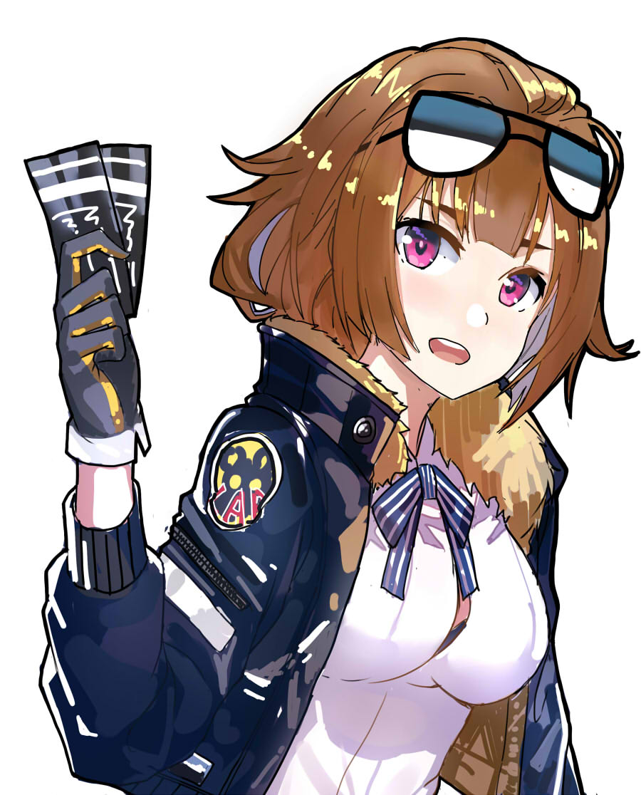 bangs black_gloves breasts brown_hair commentary_request echj eyewear_on_head fur_trim girls_frontline glasses gloves grizzly_mkv_(girls_frontline) hand_up holding jacket large_breasts looking_at_viewer open_clothes open_jacket open_mouth purple_eyes shirt simple_background sketch smile solo sunglasses ticket uniform upper_body white_background white_shirt