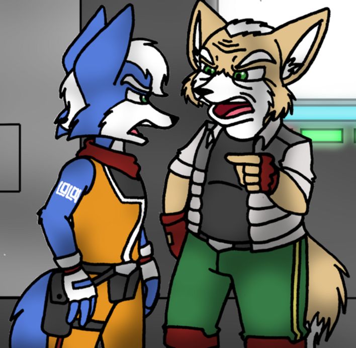 age_difference annoyed arguing bandanna blue_eyes blue_fur brown_fur canine clothing dialogue eye_contact fox fox_mccloud fur gathion green_eyes male mammal marcus_mccloud mature_male multicolored_fur multicolored_tail nintendo older_male open_mouth overweight star_fox tattoo teenager tribal tribal_tattoo two_tone_fur video_games white_fur young