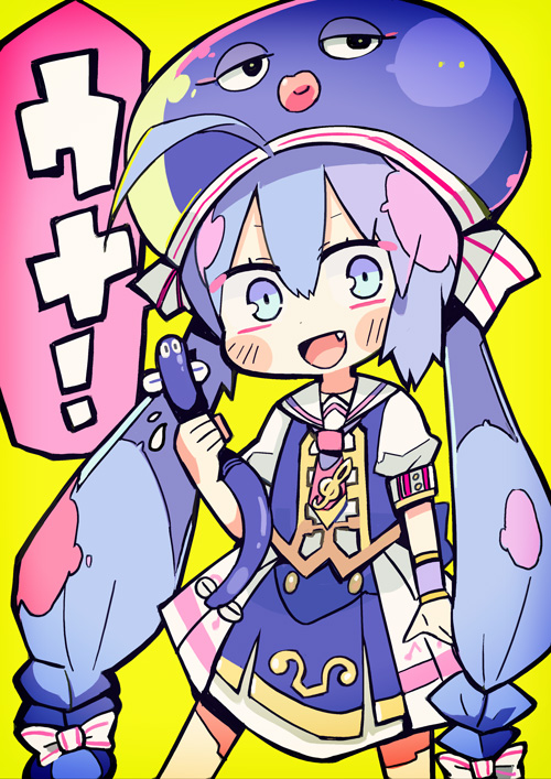 ahoge animal_hat blue_hair blush_stickers dress eel eel_hat fang green_background hair_ornament hat holding long_hair looking_at_viewer low_twintails open_mouth otomachi_una sailor_collar short_sleeves simple_background smile solo tera twintails very_long_hair vocaloid