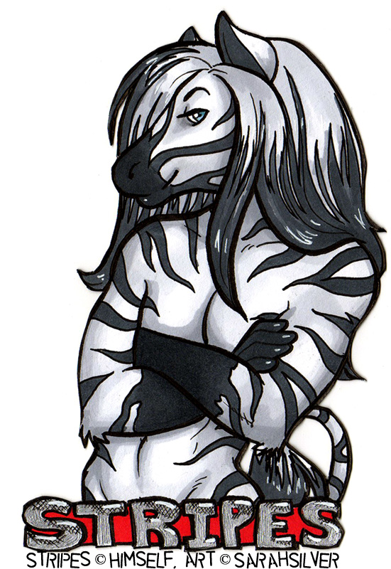 2009 anthro biped black_fur black_hair black_stripes black_tail blue_eyes colored_pencil_(artwork) crossed_arms equine front_view fur hair half-length_portrait long_hair looking_at_viewer male mammal multicolored_fur multicolored_hair multicolored_tail name_badge nude portrait sarahsilver signature simple_background smile snout solo striped_fur stripes stripes_(character) tail_tuft traditional_media_(artwork) tuft two_tone_fur two_tone_hair two_tone_tail white_background white_fur white_hair white_tail zebra