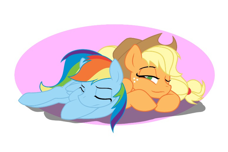 applejack_(mlp) cute duo earth_pony equine eyes_closed feathered_wings feathers female friendship_is_magic half-closed_eyes happy hat horse mammal multicolored_tail my_little_pony pegasus pony rainbow_dash_(mlp) smile source_request unknown_artist wings