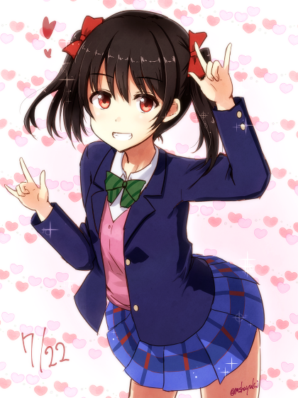 \m/ bangs birthday black_hair blazer bow bowtie cowboy_shot dated double_\m/ green_bow green_neckwear grin hair_bow happy_birthday heart heart_background jacket long_hair long_sleeves looking_at_viewer love_live! love_live!_school_idol_project mashayuki miniskirt nico_nico_nii otonokizaka_school_uniform pleated_skirt red_bow red_eyes school_uniform signature skirt smile solo sparkle striped striped_bow striped_neckwear twintails twitter_username yazawa_nico