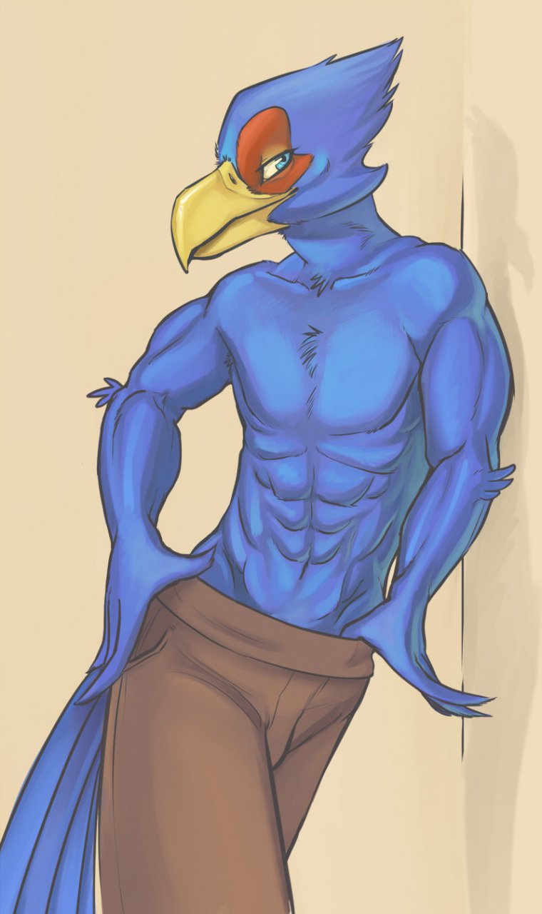 2010 abs against_wall anthro avian beak biped bird blue_eyes blue_feathers blue_tail brown_bottomwear brown_clothing brown_pants chest_tuft clothed clothing digital_media_(artwork) elbow_tufts falco_lombardi feathers hi_res looking_at_viewer mabyn male multicolored_feathers muscular muscular_male nintendo pants pecs portrait red_feathers solo star_fox three-quarter_portrait topless tuft two_tone_feathers video_games yellow_beak