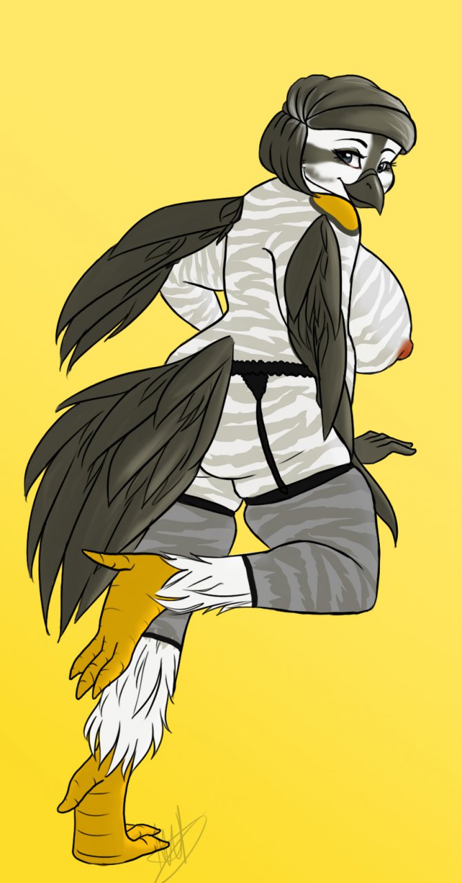 2011 4_fingers 4_toes anthro arm_support avian barefoot beak big_breasts big_butt biped bird breasts butt claws clothed clothing digital_drawing_(artwork) digital_media_(artwork) digitigrade eyelashes facial_markings feather_tuft feathered_wings feathers female foot_focus full-length_portrait garter_belt garter_straps grey_beak grey_eyes grey_feathers grey_hair grey_stripes grouse hair half-closed_eyes hi_res huge_breasts humanoid_hands leg_tuft legwear looking_at_viewer looking_back markings mischiefmarie mostly_nude multicolored_feathers nipples non-mammal_breasts on_one_leg overweight overweight_female pinup portrait pose prairie_chicken presenting presenting_hindquarters raised_leg rear_view red_nipples seductive sheer_clothing sheer_stockings short_hair side_boob signature simple_background smile solo spots standing stockings striped_feathers stripes tail_feathers talons toeless_stockings toes topless translucent transparent_clothing tuft two_tone_feathers white_feathers wings yellow_background yellow_skin yellow_spots