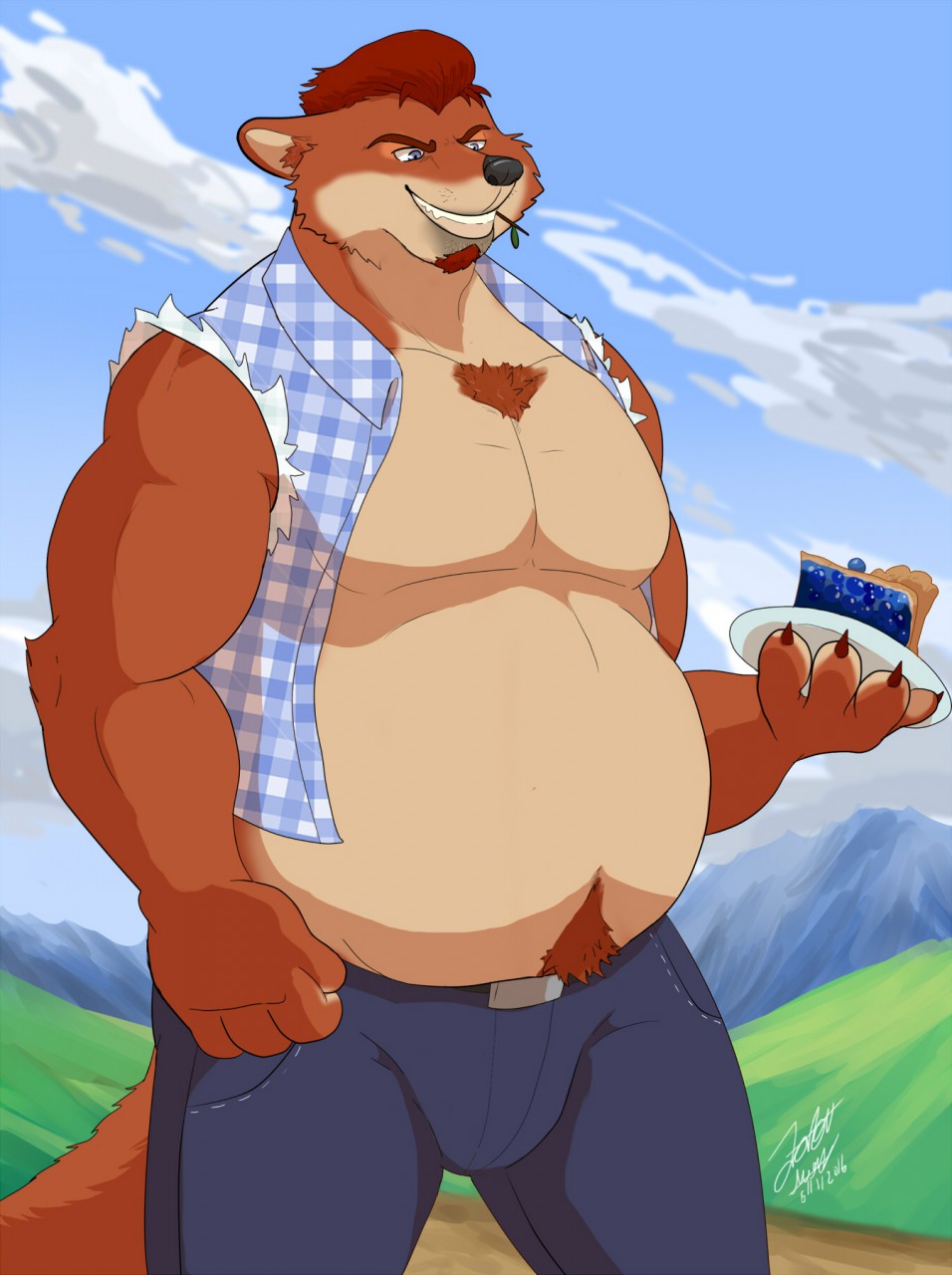 anthro body_hair canine chest_hair clothing disney food fox gideon_grey jeans mammal miguel_okami pants pecs pie slightly_chubby smile zootopia