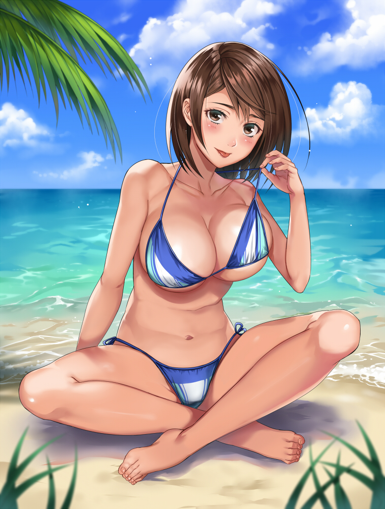 beach bikini blue_bikini blue_sky blush breasts brown_eyes brown_hair cleavage cloud collarbone commentary_request day full_body halter_top halterneck horizon indian_style large_breasts looking_at_viewer navel ocean original outdoors pulled_by_self sakichi sand short_hair side-tie_bikini sitting sky smile solo stomach strap_pull swimsuit tongue tongue_out