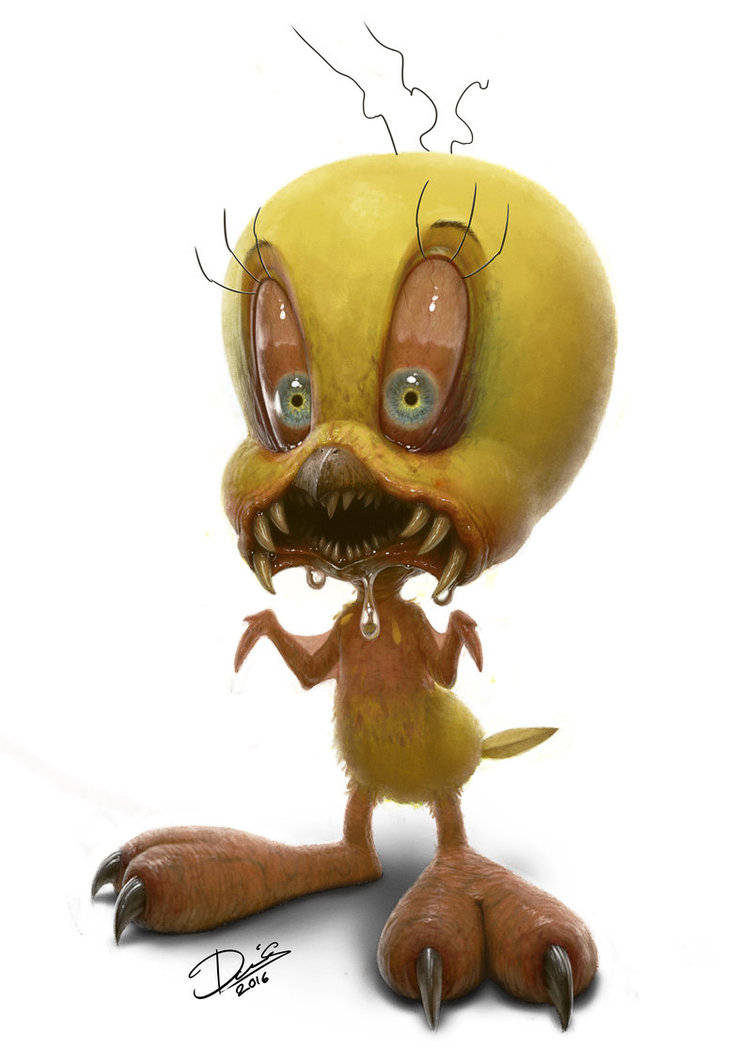 2016 ambiguous_gender avian beak bird claws dennis_carlsson digital_media_(artwork) fangs feathers looney_tunes membranous_wings monster nightmare_fuel saliva semi-anthro signature simple_background small_wings solo standing toe_claws tweety_bird warner_brothers white_background wings yellow_feathers
