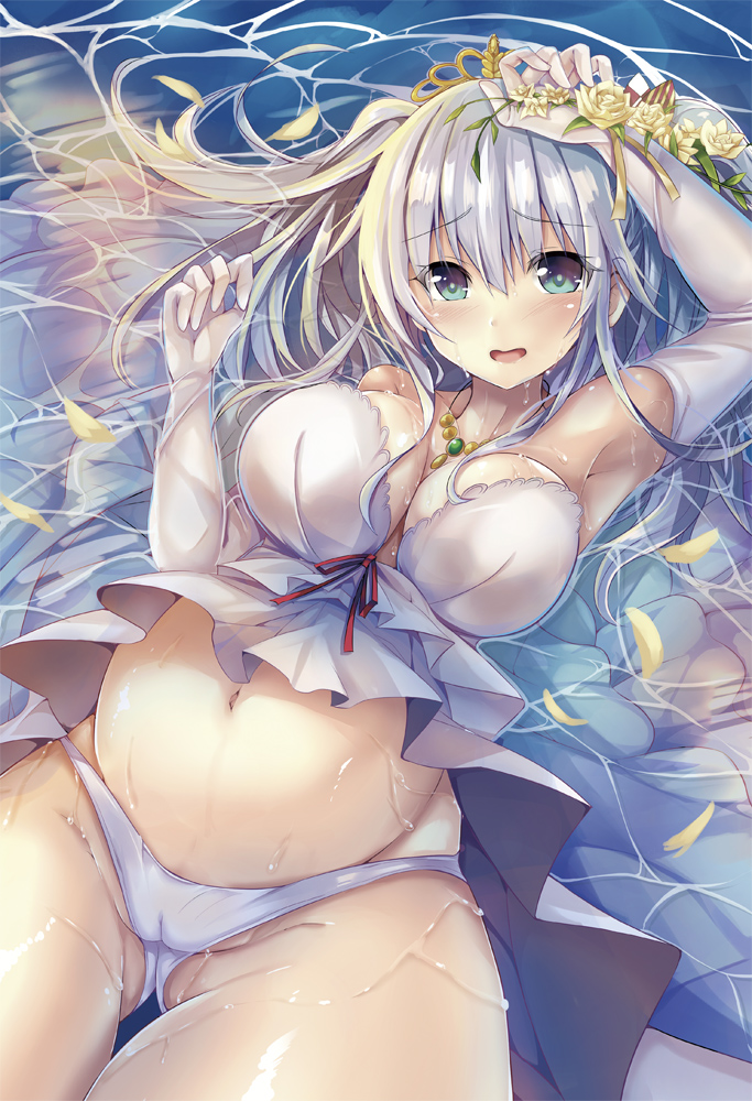 armpits blue_eyes breasts cameltoe elbow_gloves eyebrows_visible_through_hair flower gloves hair_between_eyes kantai_collection kashima_(kantai_collection) large_breasts open_mouth panties partially_submerged pregnant short_hair silver_hair solo sumisuzu two_side_up underwear water white_gloves white_panties yellow_flower