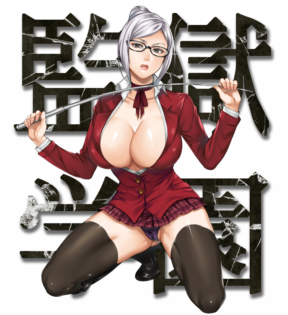 bangs black_legwear breasts cleavage commentary_request glasses hair_bun large_breasts looking_at_viewer microskirt no_bra open_clothes open_shirt panties parted_bangs parted_lips prison_school ribbon riding_crop sakichi shiraki_meiko shirt short_hair silver_hair skirt solo thighhighs underwear