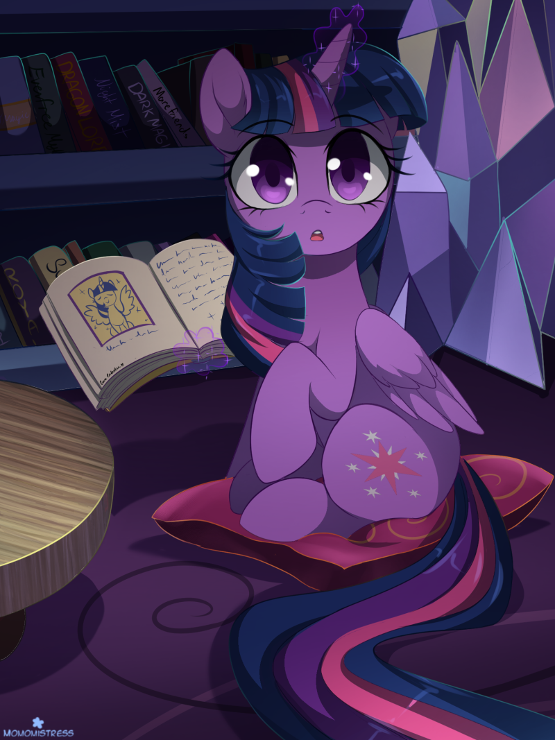 2017 book cutie_mark equine eyelashes feathered_wings feathers female feral friendship_is_magic glowing hair hooves horn inside long_hair looking_at_viewer magic mammal momomistress multicolored_hair multicolored_tail my_little_pony open_mouth purple_eyes purple_feathers sitting solo telekinesis twilight_sparkle_(mlp) winged_unicorn wings
