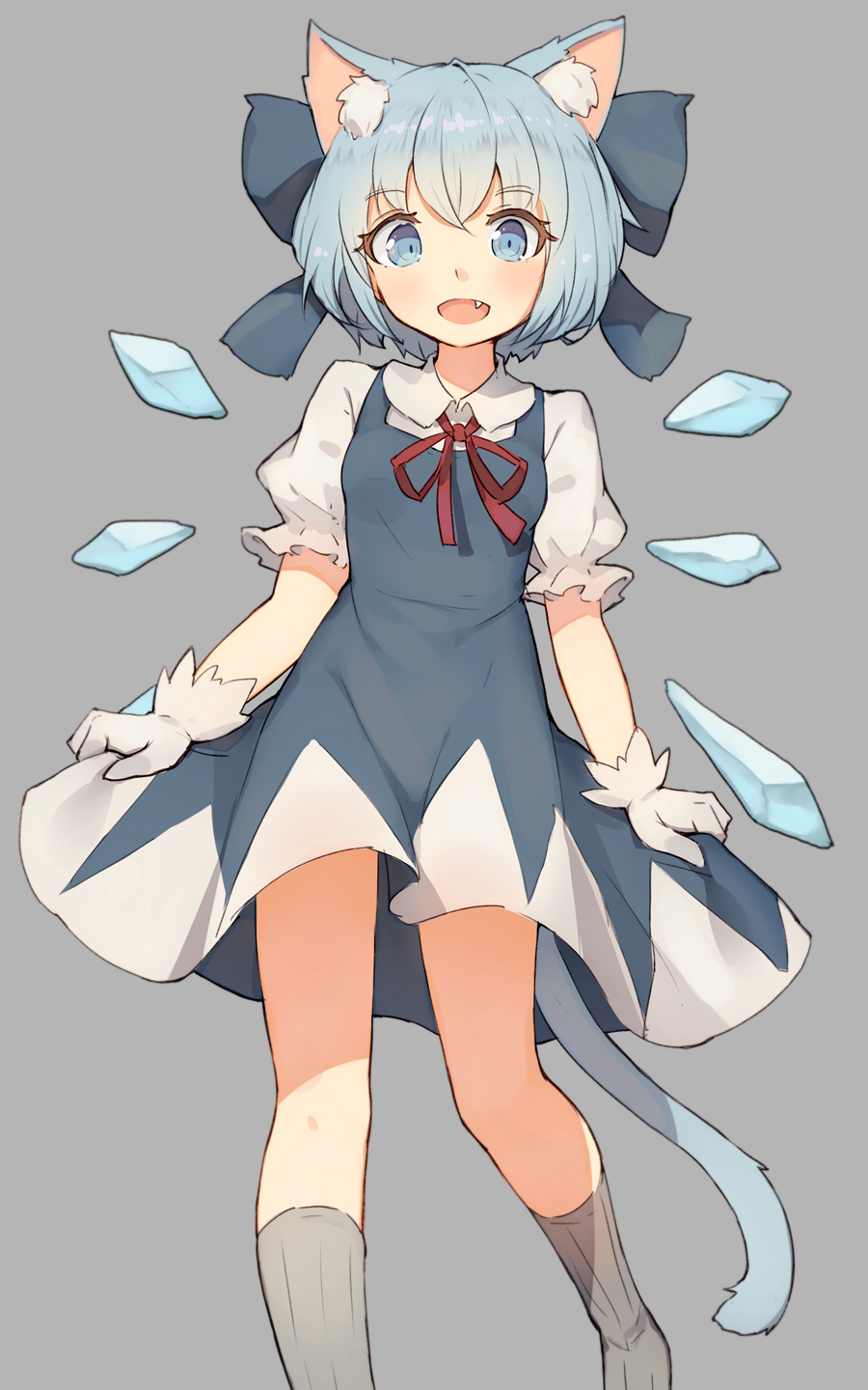 animal_ear_fluff animal_ears blue_dress blue_eyes blue_hair blue_wings cat_ears cat_tail cirno dress fang gloves grey_background grey_legwear highres ice ice_wings kemonomimi_mode looking_at_viewer open_mouth puffy_short_sleeves puffy_sleeves red_ribbon ribbon shone short_dress short_sleeves simple_background smile solo standing tail touhou white_gloves wings