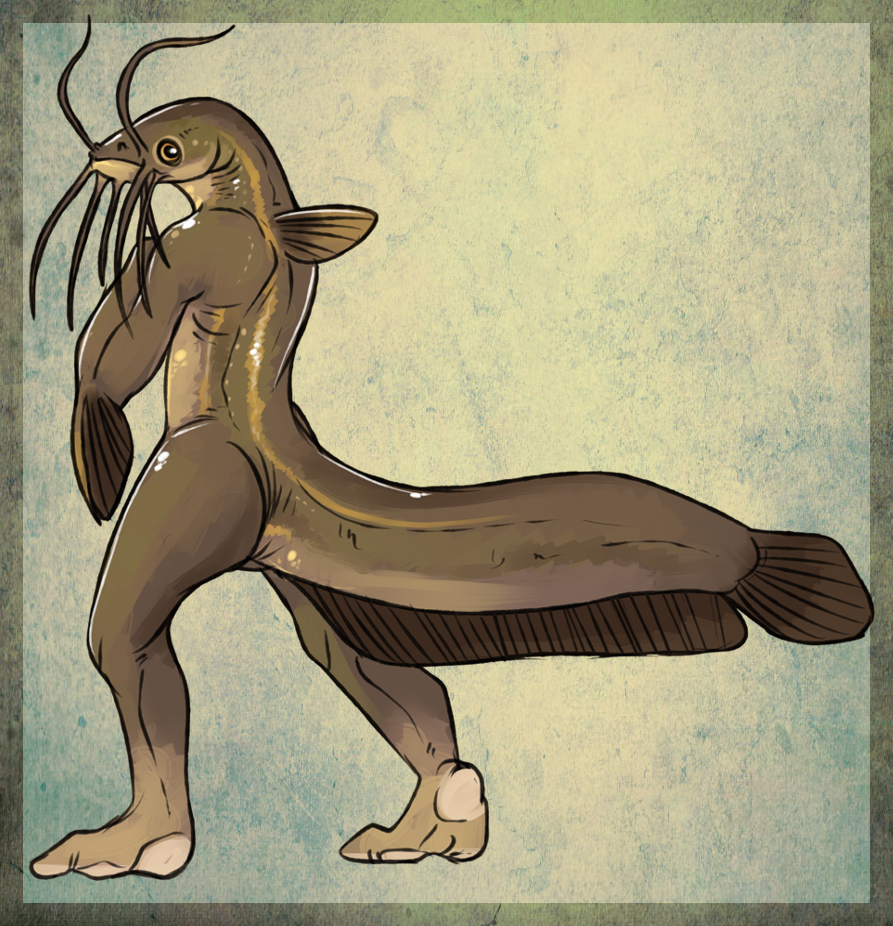 2015 ambiguous_gender antennae anthro arm_fins asian_stinging_catfish athletic barefoot biped border brown_background brown_border brown_countershading brown_scales catfish convicted-clown countershade_face countershade_tail countershade_torso countershading digital_drawing_(artwork) digital_media_(artwork) dorsal_fin feet fin fish hand_on_chest humanoid_feet long_neck long_tail looking_at_viewer looking_away looking_back marine multicolored_scales nude outside_border plantigrade raised_heel rear_view scales shiny side_view simple_background solo standing tail_fin textured_background thick_tail two_tone_scales whiskers yellow_eyes yellow_scales yellow_sclera