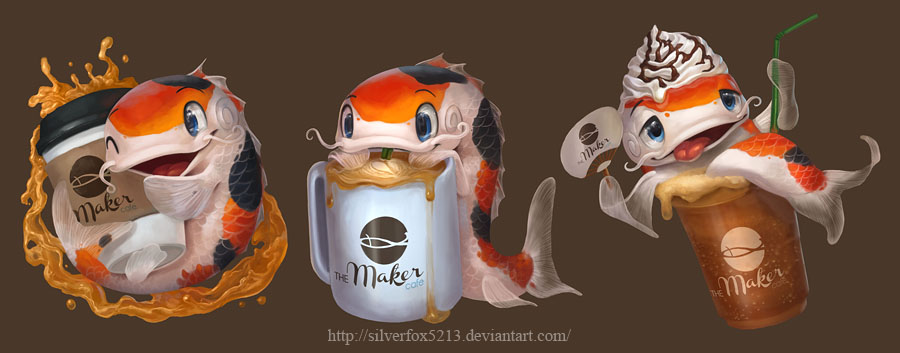 2015 ambiguous_gender beverage black_scales blue_eyes brown_background candy chocolate chocolate_syrup coffee coffee_mug deviantart digital_media_(artwork) digital_painting_(artwork) dorsal_fin drinking dripping english_text featureless_crotch feral fin fish food half-closed_eyes hand_fan hand_fins holding_beverage holding_cup holding_fan holding_food holding_object holding_straw humor in_container in_cup kneeling koi liquid lying marine multicolored_scales multiple_poses nude on_back one_eye_closed orange_scales pose pun red_tongue scales silverfox5213 simple_background sitting smile solo straw tail_fin text tongue tongue_out torogao uchiwa_fan visual_pun watermark whipped_cream whiskers white_scales wink