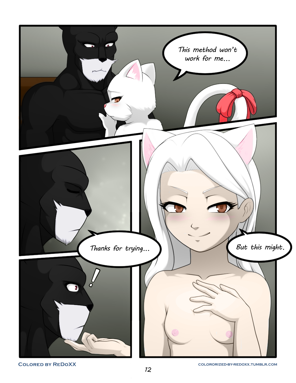 animal_humanoid anthro breasts cat_humanoid charle colored comic darkmirage duo english_text fairy_tail feline female greyscale hi_res humanoid male mammal monochrome nude pantherlily redoxx ribbons tail_bow tail_ribbon text transformation