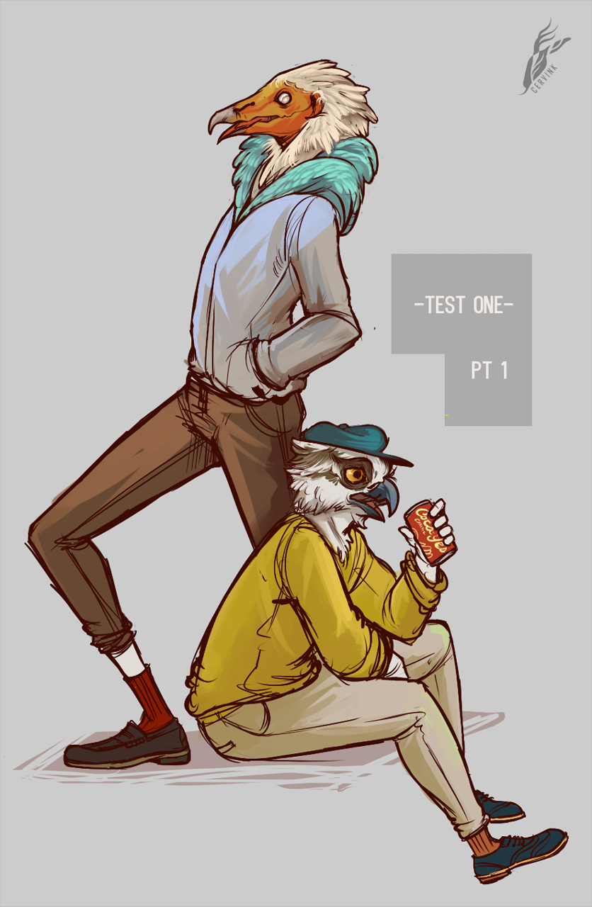 2017 anthro avian beak beverage beverage_can biped bird blue_feathers brown_bottomwear brown_clothing cheek_tuft clothed clothing coca-cola cyan_feathers digital_drawing_(artwork) digital_media_(artwork) dipstick_beak drinking duo egyptian_vulture english_text feather_hair feather_tuft feathers flat_cap footwear full-length_portrait grey_background grey_beak grey_clothing grey_feathers grey_topwear hands_in_pockets hat head_tuft hi_res holding_can holding_object hoodie humanoid_hands korbin leaning leaning_forward legwear looking_away looking_down male mane_hair open_mouth osprey pants portrait shoes side_view simple_background sitting socks soda standing tan_bottomwear tan_clothing text tuft two_tone_beak vulture watermark white_feathers white_pupils yellow_beak yellow_clothing yellow_sclera yellow_topwear