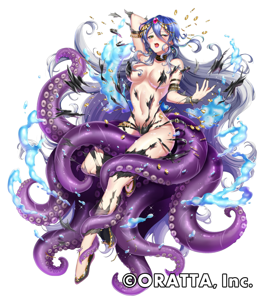 :d black_legwear blue_hair blush bridal_gauntlets character_request chino_ukana chloris_garden circlet exploding_clothes gradient_hair green_eyes hair_between_eyes highleg long_hair multicolored_hair navel official_art open_mouth silver_hair simple_background smile solo tentacles torn_clothes very_long_hair white_background wince