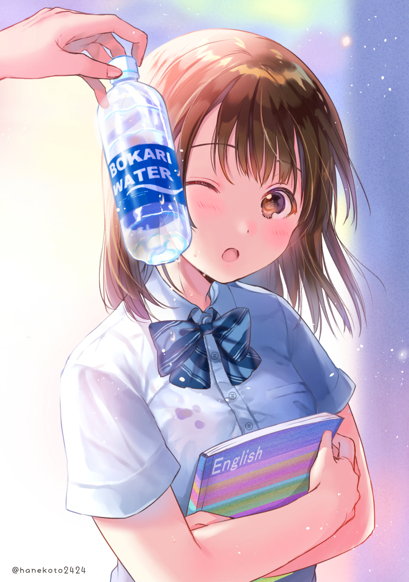 :o bangs blue_bow blue_neckwear blush book bottle bottle_to_cheek bow bowtie brand_name_imitation breasts brown_eyes brown_hair commentary crossed_arms dress_shirt dripping english eyebrows_visible_through_hair hanekoto holding holding_book holding_bottle light_particles medium_breasts one_eye_closed original pocari_sweat shirt short_hair short_sleeves solo_focus striped striped_bow striped_neckwear surprised twitter_username upper_body white_shirt