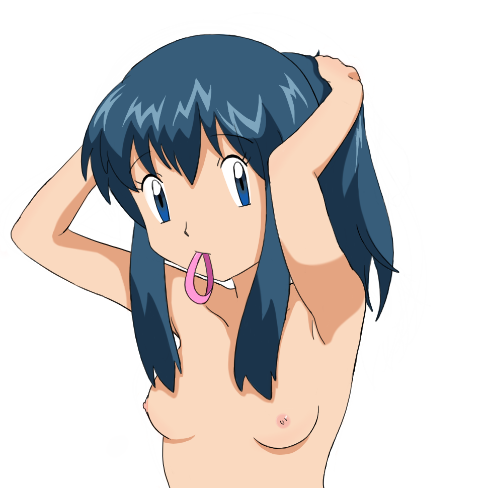 1girl blue_eyes blue_hair breasts hair_tie hikari_(pokemon) looking_at_viewer nintendo pokemon small_breasts topless