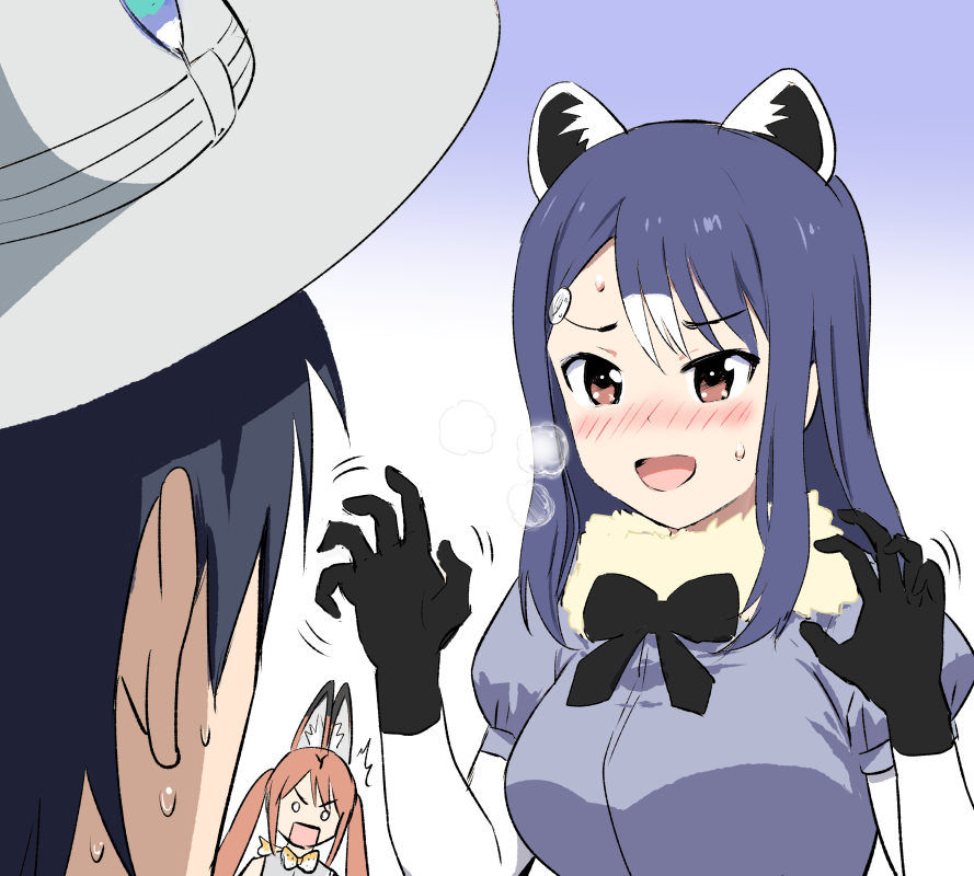 1boy 2girls aho_girl akutsu_akuru animal_ears black_hair blue_hair blush breath brown_eyes commentary_request common_raccoon_(kemono_friends) common_raccoon_(kemono_friends)_(cosplay) cosplay fur_collar fuuki_iinchou_(aho_girl) gloves hanabatake_yoshiko hat hat_feather helmet kaban_(kemono_friends) kaban_(kemono_friends)_(cosplay) kemono_friends multicolored_hair multiple_girls mushi_gyouza o_o pith_helmet raccoon_ears serval_(kemono_friends) serval_(kemono_friends)_(cosplay) serval_ears square_mouth sweat twintails two-tone_hair white_hair