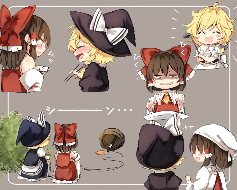 ^_^ ^o^ ascot bare_shoulders blonde_hair bow braid brown_hair chopsticks closed_eyes detached_sleeves dress drop_trap hair_bow hair_tubes hakurei_reimu hat holding holding_chopsticks kirisame_marisa multiple_girls multiple_views piyokichi red_bow shaded_face short_hair short_sleeves single_braid smile touhou wild_and_horned_hermit witch_hat yellow_neckwear