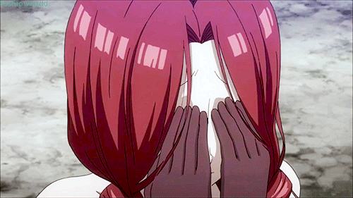 1girl animated animated_gif bare_shoulders blush braid elbow_gloves fairy_tail female flare_corona gloves long_hair red_eyes red_hair smile solo tears