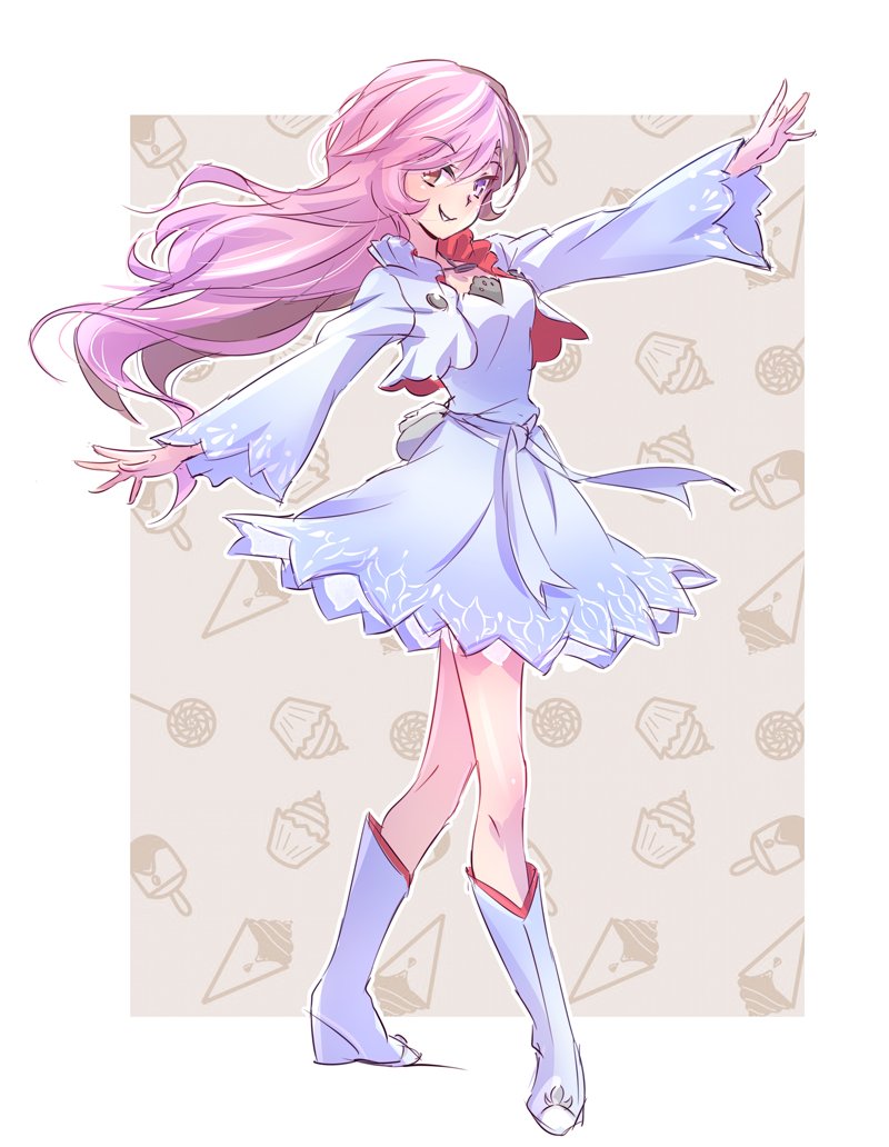boots candy commentary cosplay cropped_jacket cupcake dress food heterochromia high_heel_boots high_heels ice_cream iesupa lollipop long_hair long_sleeves looking_at_viewer multicolored_hair neo_(rwby) outstretched_arms popsicle pouch rwby rwby_chibi smile solo standing weiss_schnee weiss_schnee_(cosplay) white_footwear white_legwear