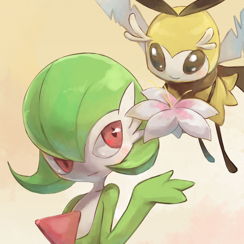 1girl antennae artist_request black_eyes blush flower flying gardevoir gradient gradient_background green_hair hand_up looking_to_the_side no_humans pink_flower pokemon pokemon_(creature) pokemon_rse pokemon_sm red_eyes ribombee short_hair simple_background smile wings yellow_background