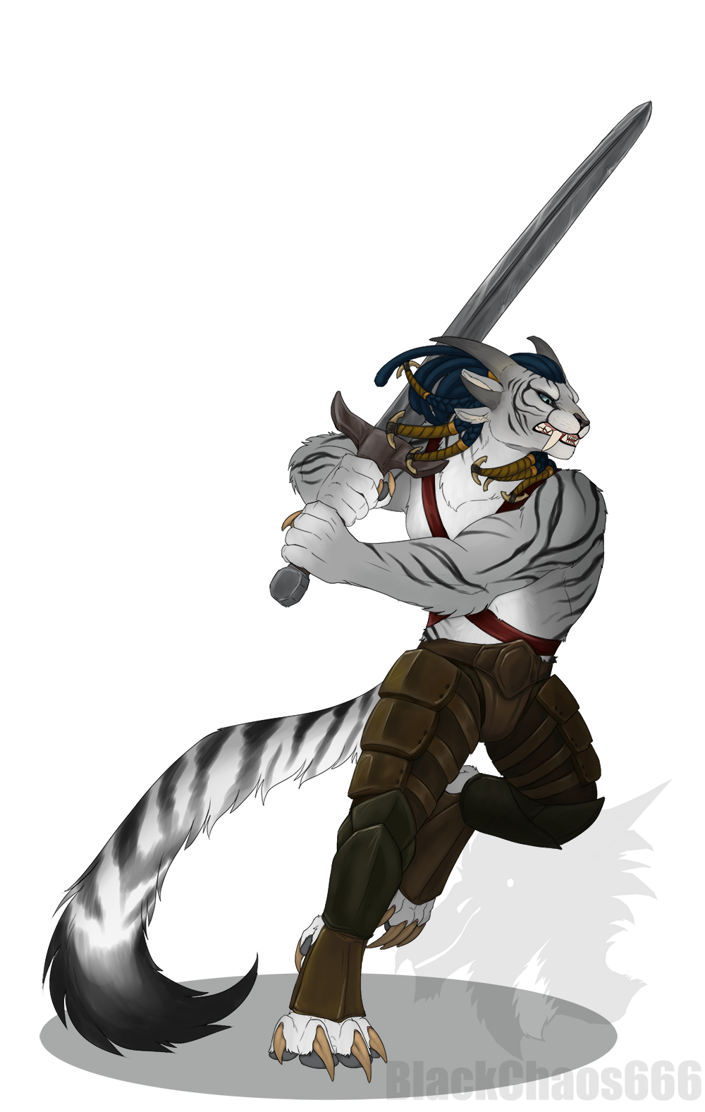 action_pose anthro armor blackchaos666 blue_eyes braided_hair charr claws clothing fangs feline female flat_chested fluffy fluffy_tail fur greatsword guild_wars hair hi_res horn mammal mane melee_weapon multi_ear simple_background solo stripes video_games weapon white_fur