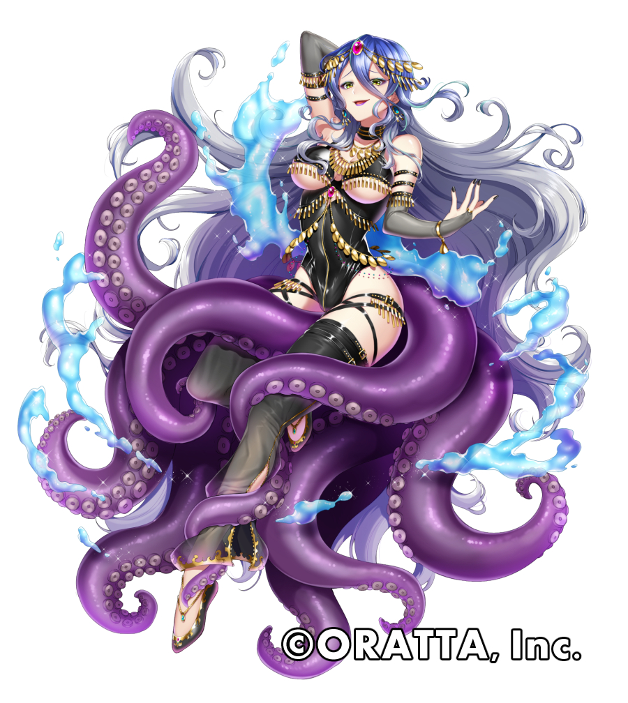 :d black_legwear blue_hair breasts bridal_gauntlets character_request chino_ukana chloris_garden detached_leggings gradient_hair hair_between_eyes highleg large_breasts leotard long_hair multicolored_hair navel official_art open_mouth silver_hair simple_background smile solo tentacles underboob underboob_cutout very_long_hair white_background