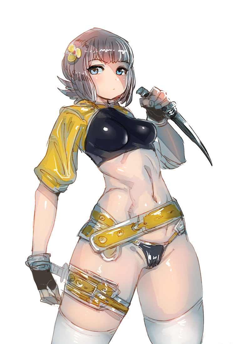 blue_eyes bow_(bhp) breasts brown_hair dagger fingerless_gloves gloves hair_ornament jitome looking_at_viewer medium_breasts midriff navel original short_hair simple_background solo thighhighs thighs weapon white_background white_legwear