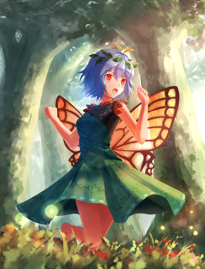 aletto-mikan bangs blue_hair breasts bright_background bug butterfly butterfly_wings day dress eternity_larva flower forest grass green_dress hair_ornament insect leaf leaf_hair_ornament medium_breasts nature short_hair smile solo sunlight touhou tree wings