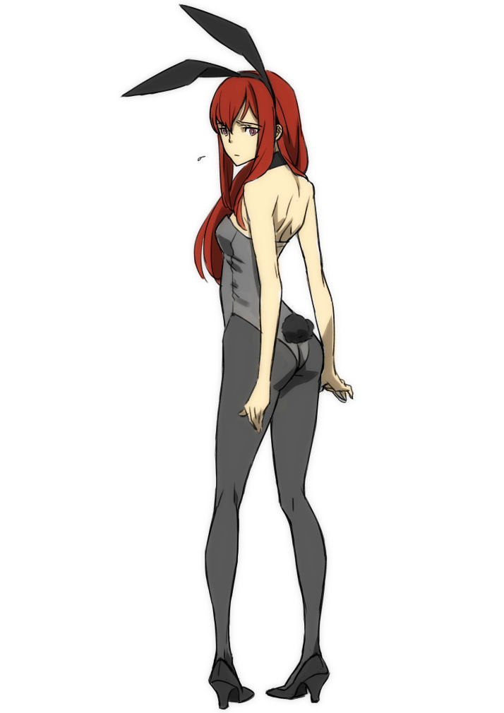 animal_ears ass back black_legwear breasts bunny_ears bunny_tail bunnysuit flying_sweatdrops full_body hair_over_shoulder high_heels kyakuo_(saru_to_realist) long_hair makise_kurisu pantyhose pigeon-toed pumps purple_eyes red_hair simple_background small_breasts solo steins;gate tail white_background