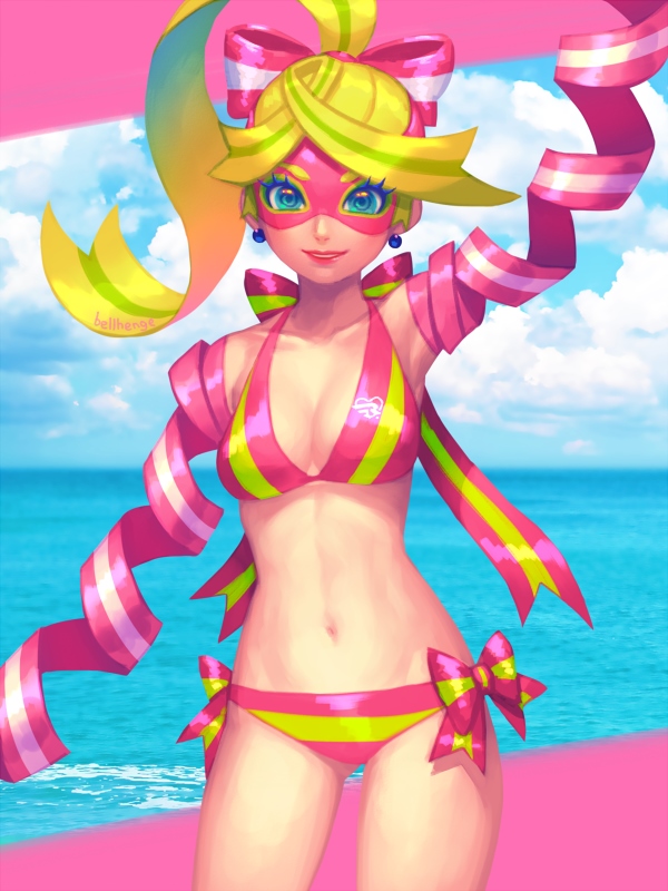 arms_(game) beach bellhenge bikini blonde_hair blue_eyes bow cloud day domino_mask long_hair looking_at_viewer mask multicolored multicolored_bikini multicolored_bow multicolored_clothes multicolored_hair ocean outdoors ponytail ribbon ribbon_girl_(arms) ribbon_hair sky smile solo striped striped_bikini swimsuit two-tone_hair water