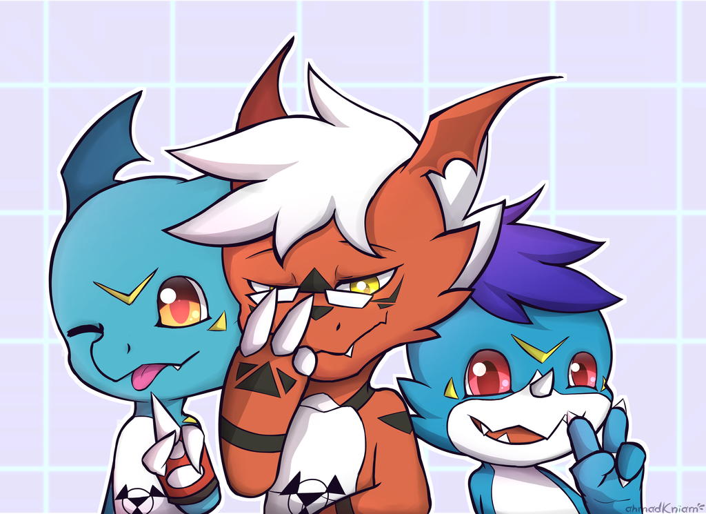 2017 ahmadkniam blue_hair claws cute digimon dragon eyewear fan_character giramon glasses guilmon hair hi_res hybrid lizard looking_at_viewer male open_mouth red_eyes reptile scalie silver_hair simple_background smile sol_(character) sol_the_guilmon sven_(character) sven_the_giramon tongue tongue_out vee4eva veemon vmon yami_(character) yami_the_veemon yellow_eyes
