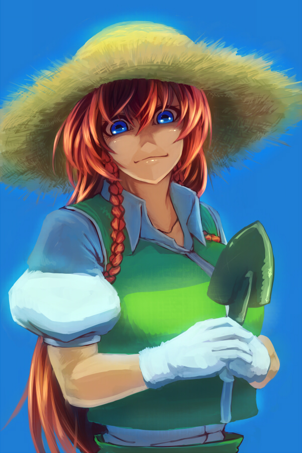 bangs blue_eyes braid breasts chinese_clothes closed_mouth commentary_request gloves hat hong_meiling koyubi_(littlefinger1988) large_breasts long_hair looking_at_viewer puffy_short_sleeves puffy_sleeves red_hair shaded_face short_sleeves shovel smile solo straw_hat tangzhuang touhou twin_braids upper_body white_gloves